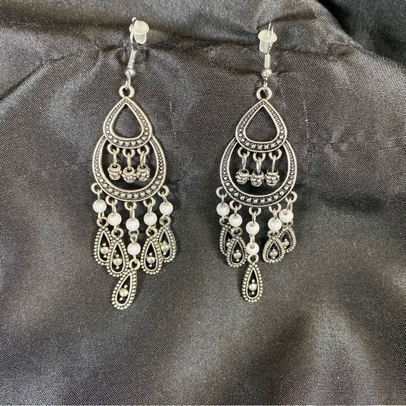 Jewelry - Boho Silver Filigree Chandelier Earrings with Bead Details